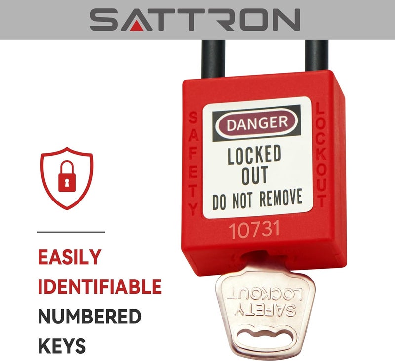 SATTRON Red Lockout Tagout Safety Padlock Kit 5-Pack, Nylon OSHA-Compliant Loto Locks with 2 Keys Per Lock& Warning Labels for Industrial Maintenance, Electrical/Mechanical Equipment (Keyed Differently) - Image 2